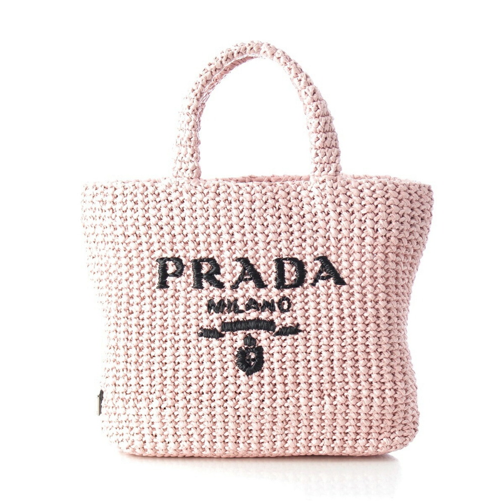 Prada Triangle Bag Pink Raffia Tote Crochet Logo - Picture 2 of 10